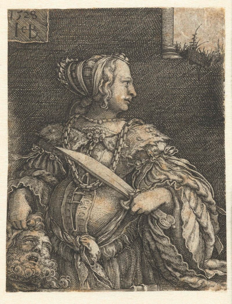 Engraving by Jacob Binck depicting Judith holding Holofernes' head