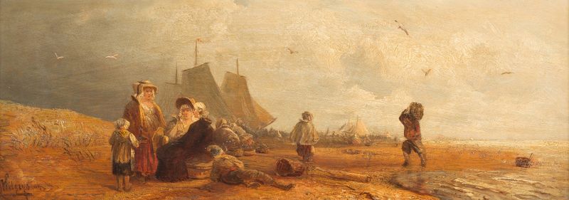 Dutch fishermen by the beach, oil painting by Carl Hilgers