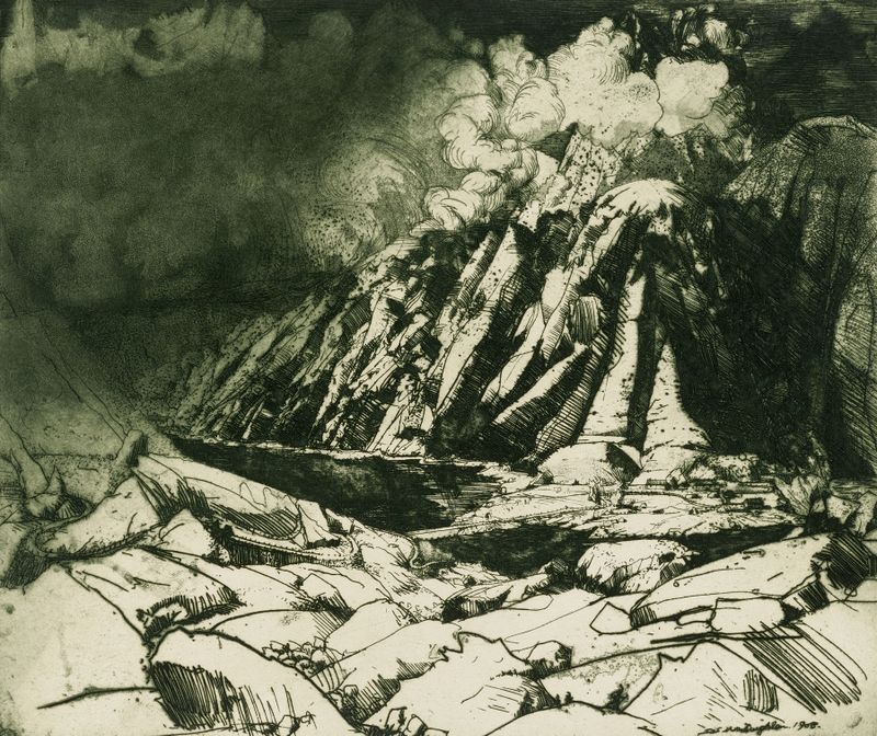 Pintura a óleo de paisagem de Donald Shaw MacLaughlan com montanhas e luz dramática.