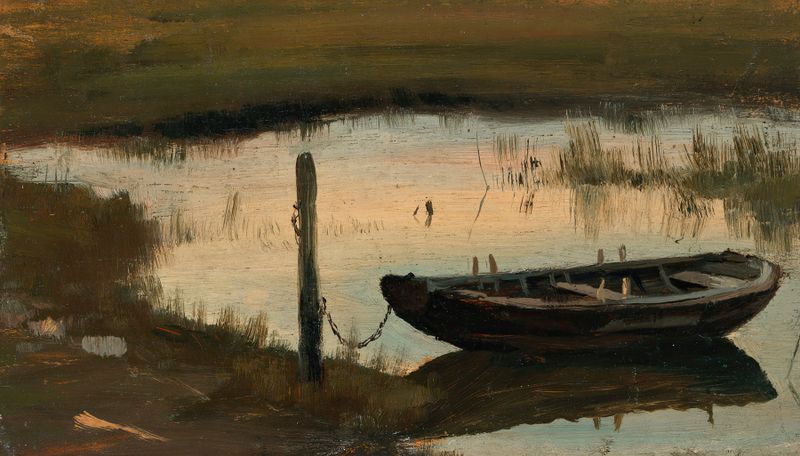 Boat by the Shore, oil on canvas by Torsten Wasastjerna, depicting a lone boat on the shoreline.