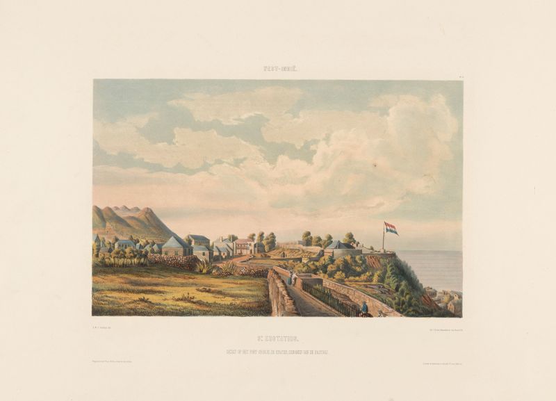 Landscape oil painting by Gerard Voorduin depicting Fort Oranje and a crater