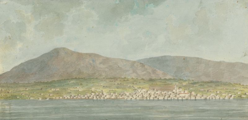 Landscape with sea, town, and hills by Willey Reveley, oil on canvas