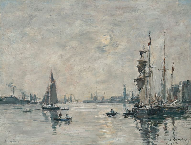 Pintura al óleo de Eugène Boudin que muestra un puerto concurrido con barcos y agua