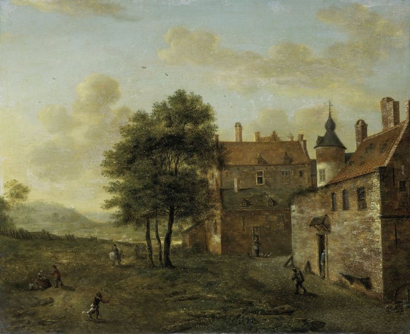 A Country Home de Jan van der Heyden, óleo de una casa rústica rodeada de vegetación.