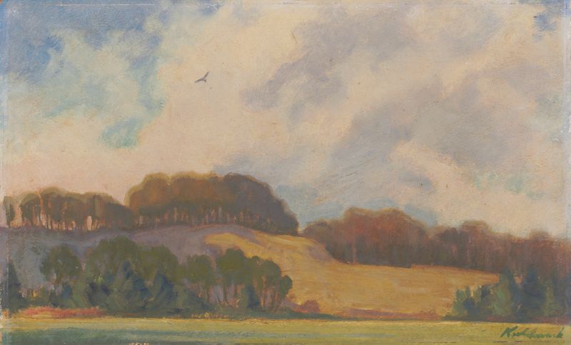 Paisaje modernista de James C. Kulhanek que muestra un río y árboles en Rocky River Valley