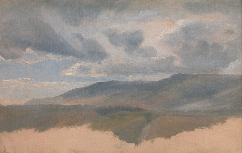 Landscape Study with Clouds de Emile Loubon, pintura a óleo com céus turbulentos e terras suaves.