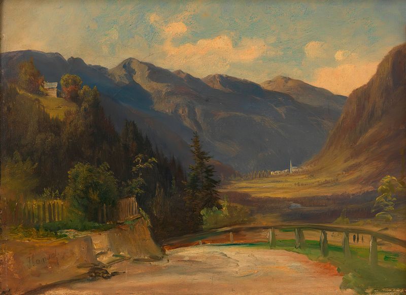 Gasteinertal de Anton Hansch, pintura al óleo que representa colinas serenas y luz dorada en el paisaje austriaco.