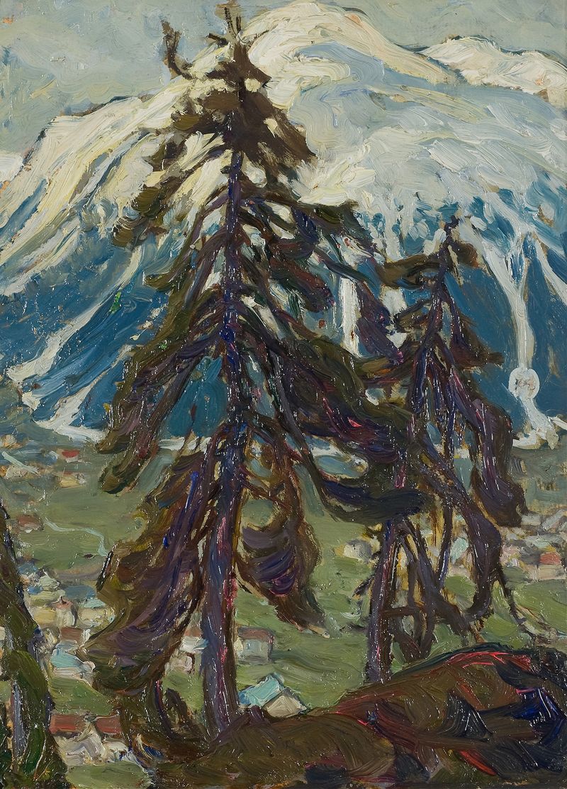 Pinheiros em frente às montanhas, óleo sobre tela de Anna Boberg