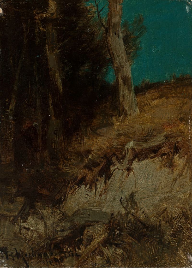 Nocturnal landscape by Roman Kazimierz Kochanowski, oil painting featuring hills under moonlight.