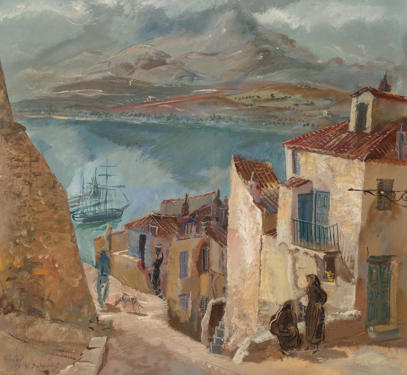 Marine oil painting by Alexandre Jacovleff depicting Calvi harbor with boats and waves.