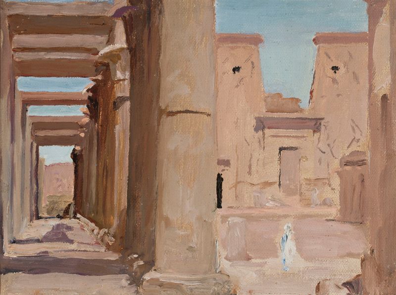Temple. From the journey to Egypt 2 de Jan Ciągliński, pintura a óleo de um templo luminoso e paisagem.