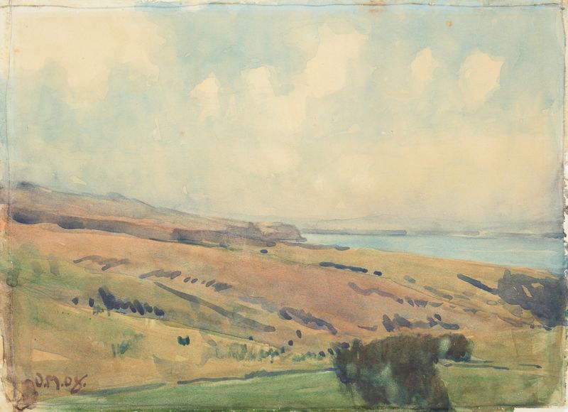 Hill landscape near Wellington by Owen Merton, oil painting depicting rolling green hills and a serene sky.