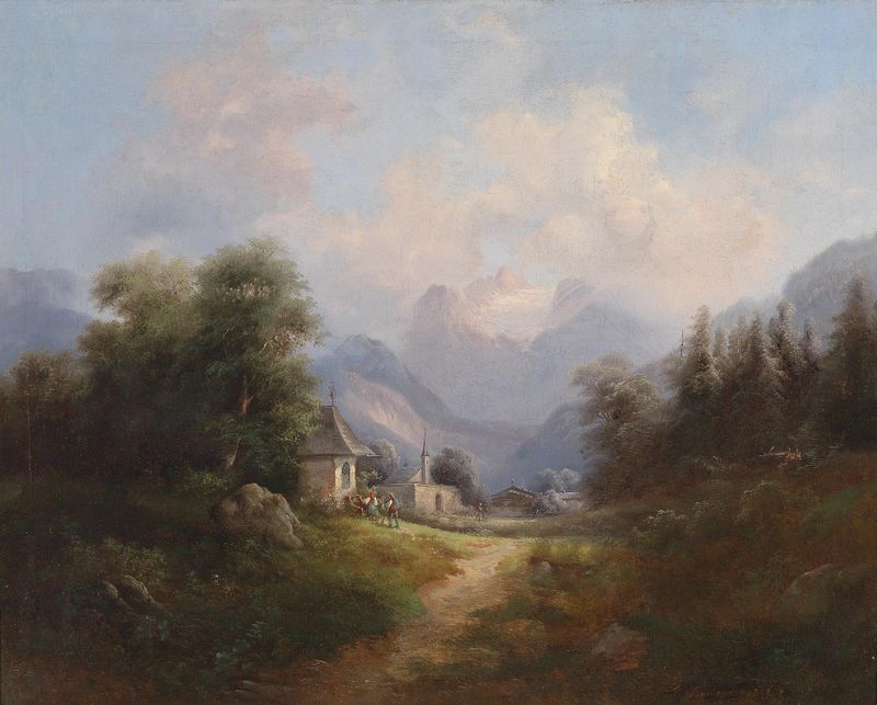 Landscape featuring a valley and mountains by Gustav Barbarini, oil painting