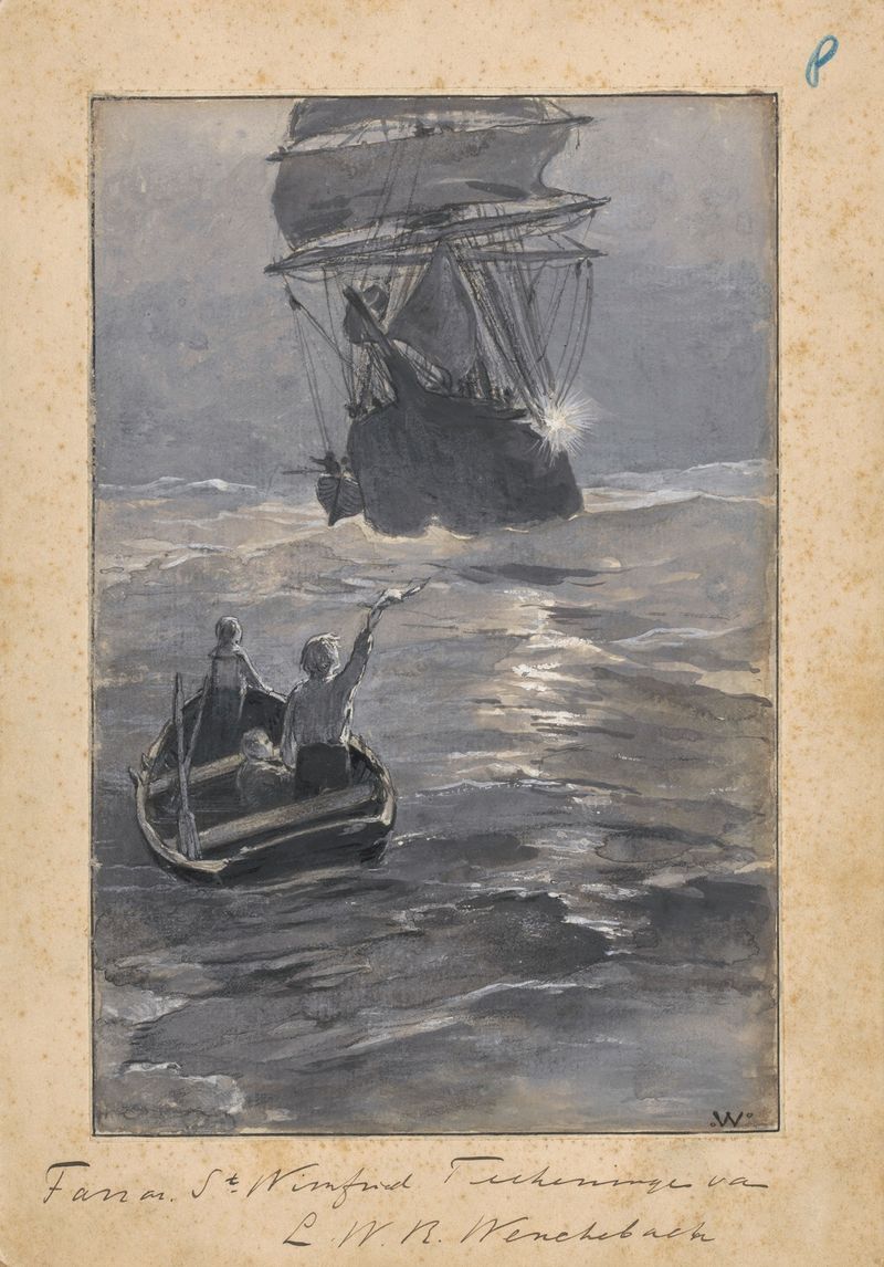 Dois meninos alcançando um navio de um barco afundando, pintura a óleo de Willem Wenckebach.