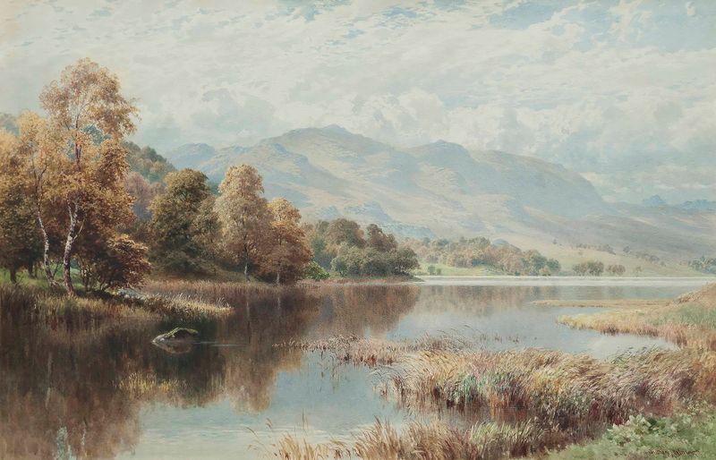 Rydal Water, Autumn by Harold Sutton Palmer, oil painting of tranquil lake and autumn foliage