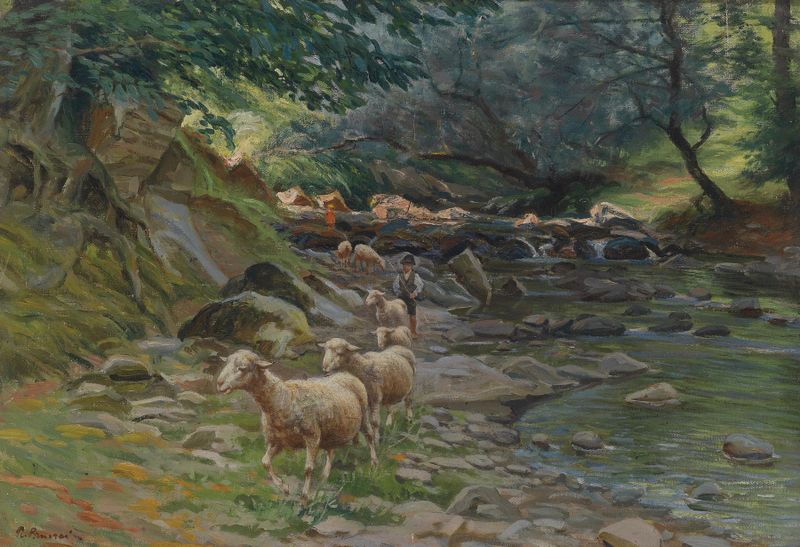 Paisagem com ovelhas e crianças de Ruggero Panerai, pintura a óleo