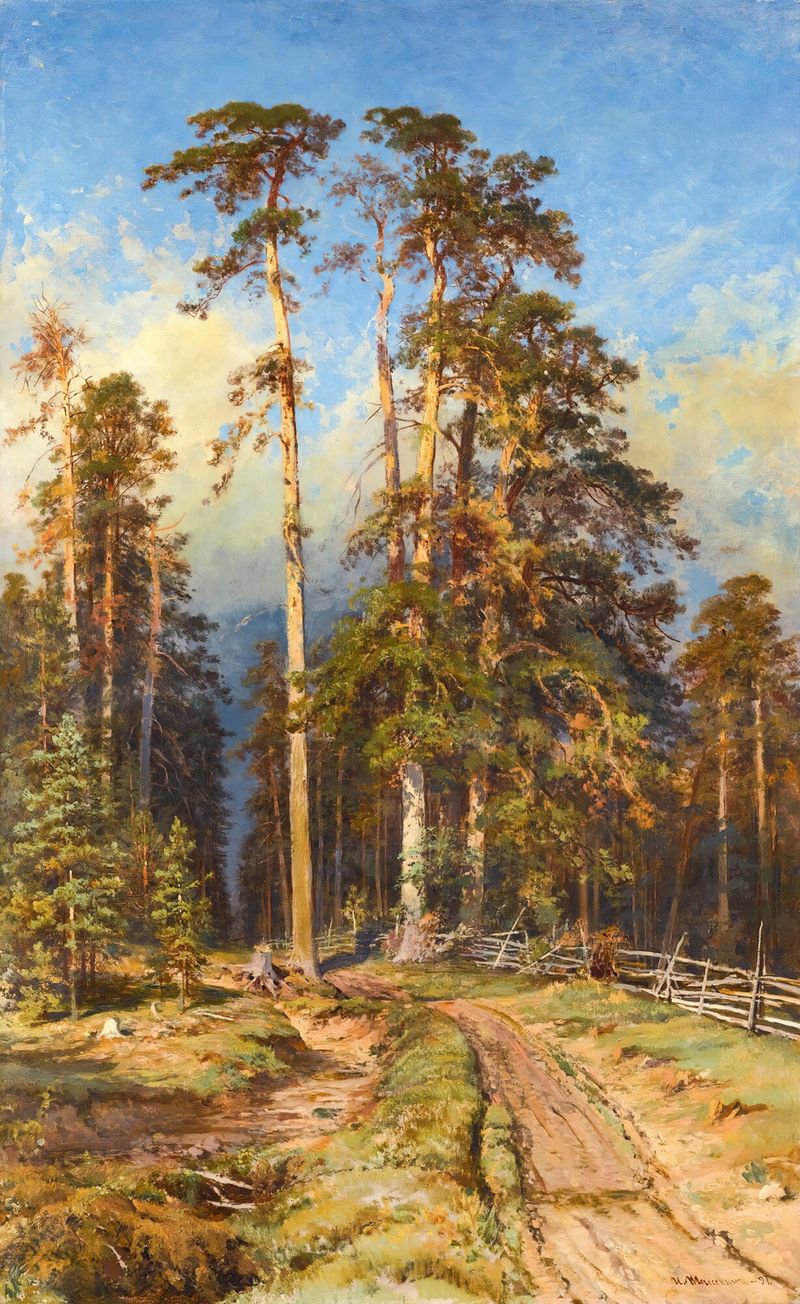 Pine Forest by Ivan Ivanovich Shishkin, oil painting depicting towering pines and dappled light