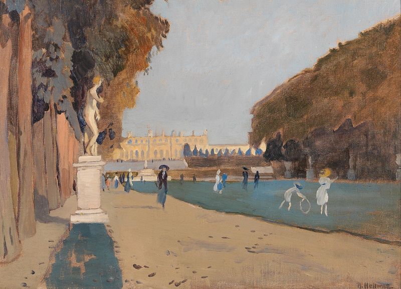 Landscape depicting a palace grounds with trees and light, by Rudolf Hellwag