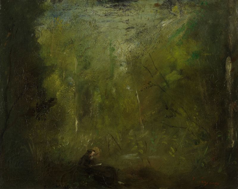 Oil painting by Jean-Baptiste Carpeaux depicting a solitary woman in a forest