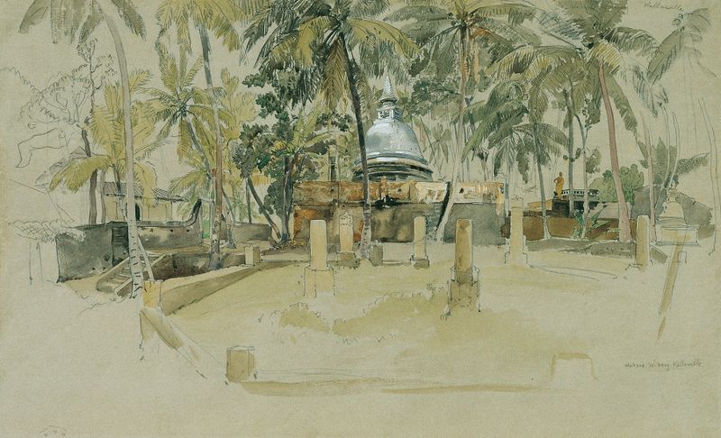 Buddhistischer Tempel auf Ceylon de Joseph Selleny, pintura a óleo que retrata um templo na luz dourada