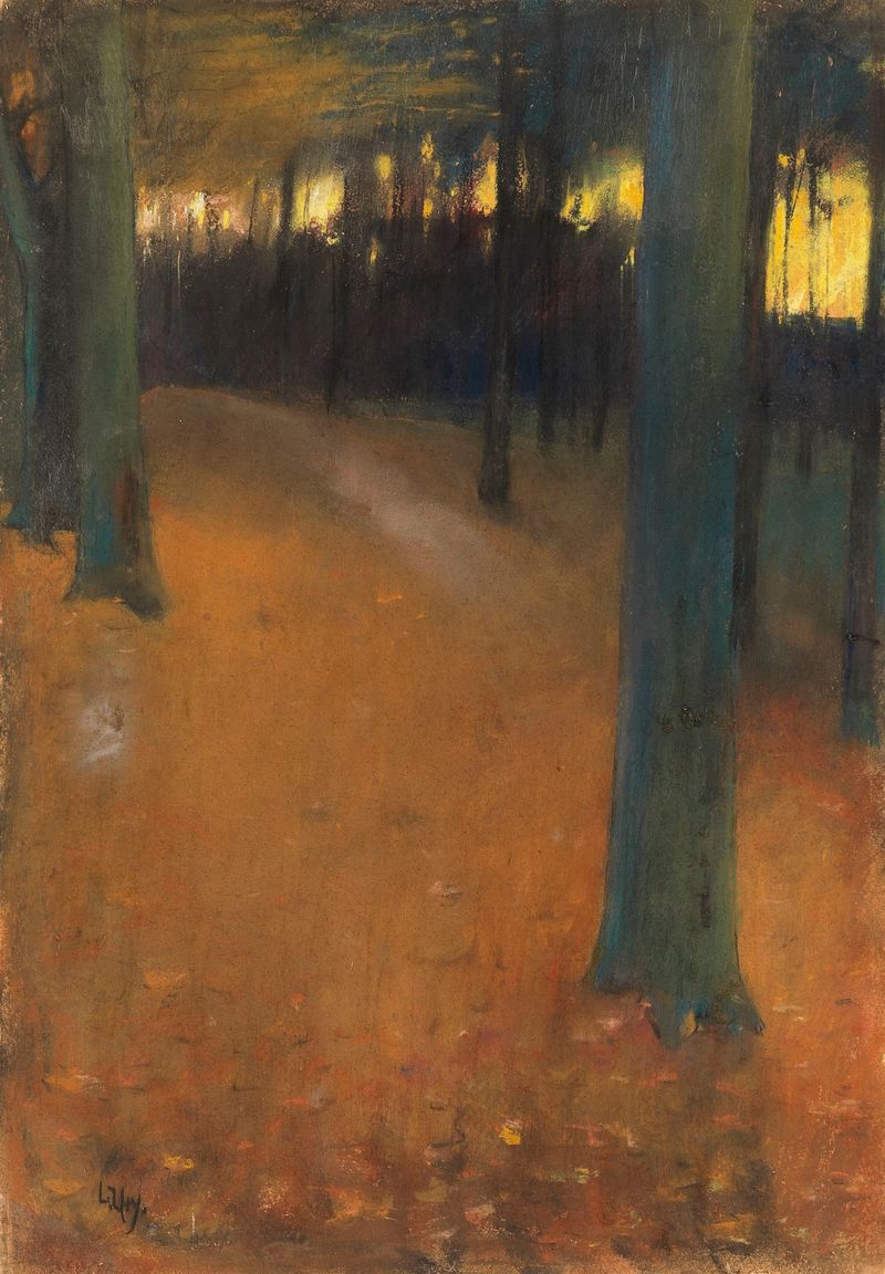 Waldlandschaft im Abendlicht de Lesser Ury, pintura a óleo que retrata colinas na luz quente da tarde.