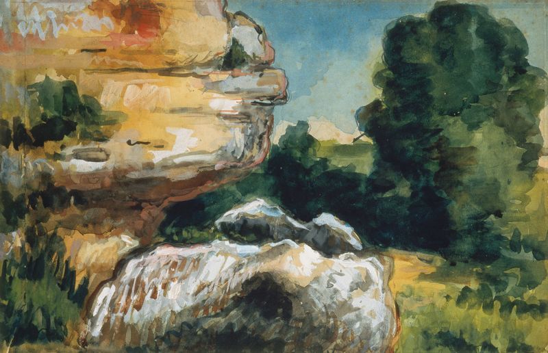 Rocks de Paul Cézanne, pintura a óleo que retrata pedras irregulares e vegetação exuberante.