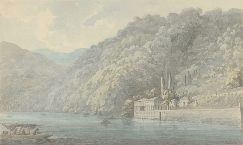 Pliny’s Villa near Como by John Webber, oil on canvas depicting lush landscape and architecture.
