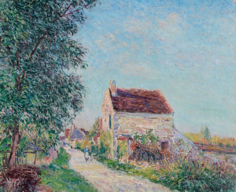 Paisaje de casas del pueblo bajo la luz del sol de Alfred Sisley, pintura al óleo