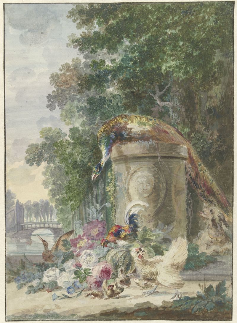 Peacock and poultry in a park, oil on canvas by Arie Lamme