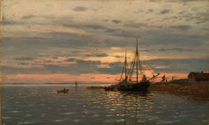 Fra fjorden, óleo sobre tela de Amaldus Nielsen, retratando um barco em um fiorde tranquilo