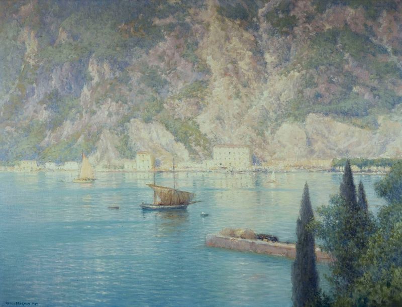 Port De Riva de Henry Brokman, óleo sobre lienzo que representa un puerto con barcos y luz solar.