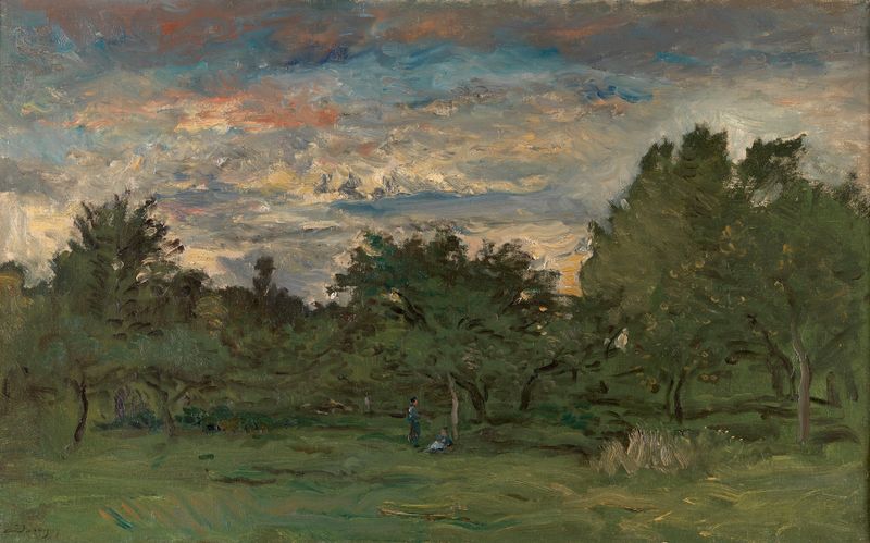 Orchard at Night, pintura a óleo de Charles François Daubigny, com árvores frutais sob a luz da lua.