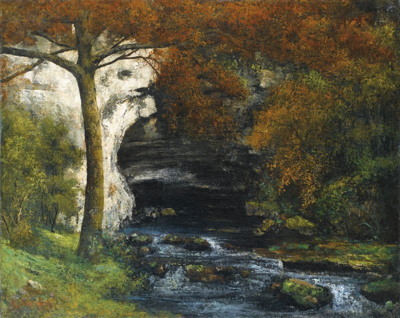 Source de Lison près de Nans de Gustave Courbet, óleo sobre tela que retrata um rio e uma paisagem exuberante.