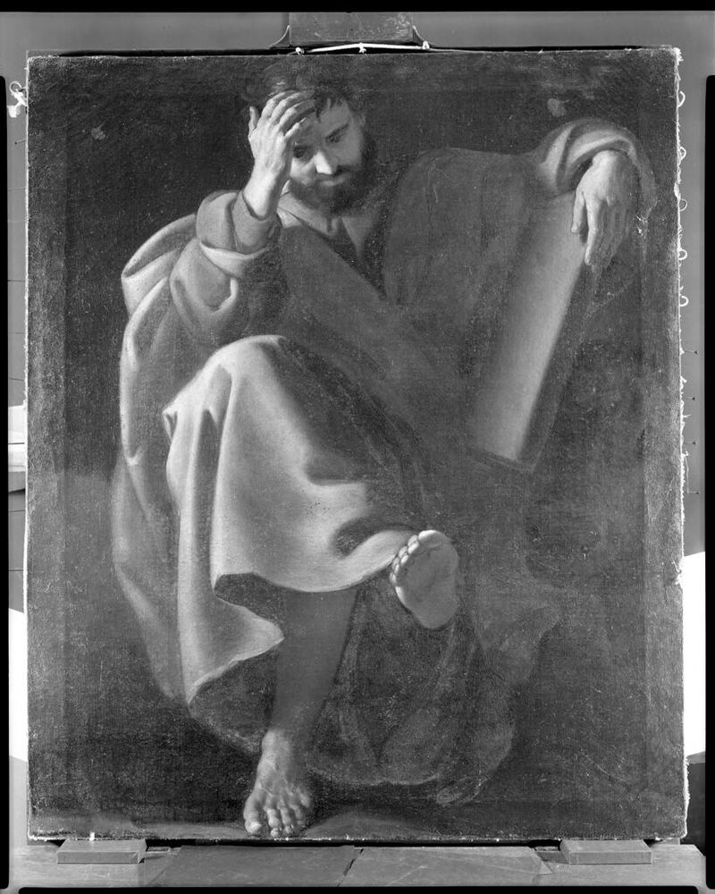 Pintura religiosa al óleo de Giovanni Francesco Romanelli que representa a un apóstol con luz y sombra dramáticas.
