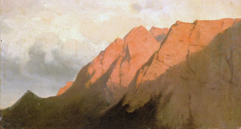 Hoher Göll im Alpenglühen by Carl Bolze, oil painting depicting a mountain landscape at twilight.