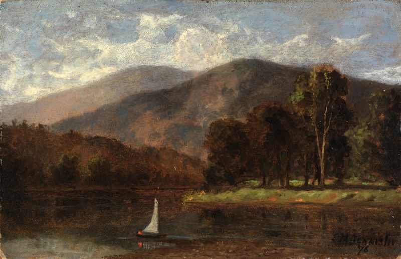 Velero en un río, pintura al óleo de Edward Mitchell Bannister