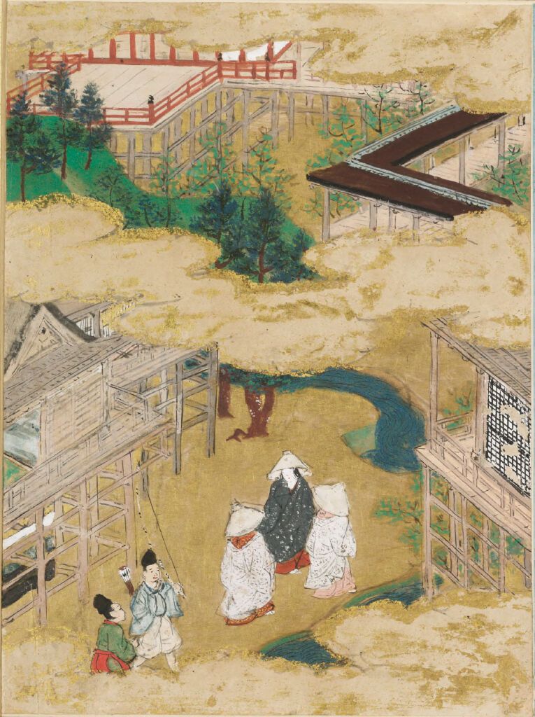 Ilustración dorada de Tosa Mitsunobu que representa una corona de zarcillos