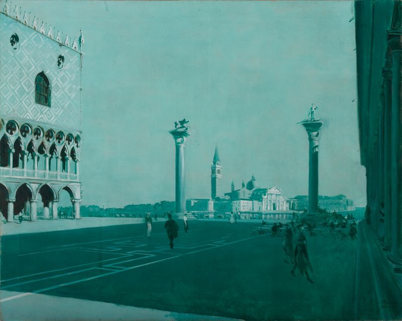 Oil painting by Martin Mower depicting the Piazzetta and S. Giorgio in Venice at twilight.