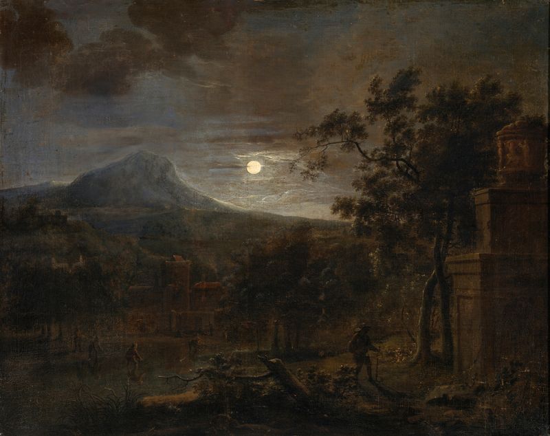 Night Scene with Poachers de James Forrester, pintura a óleo que retrata caçadores furtivos sob a luz da lua.