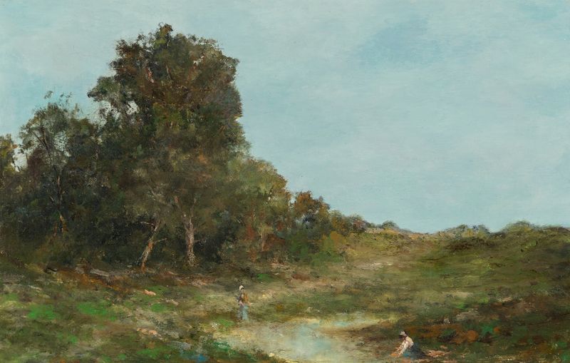 Washerwomen at the Creek by Homer Dodge Martin, depicting figures by water, oil painting.