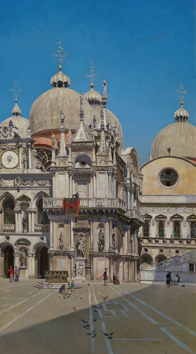 Courtyard scene with light and architectural elements by Martin Rico y Ortega, oil on canvas.