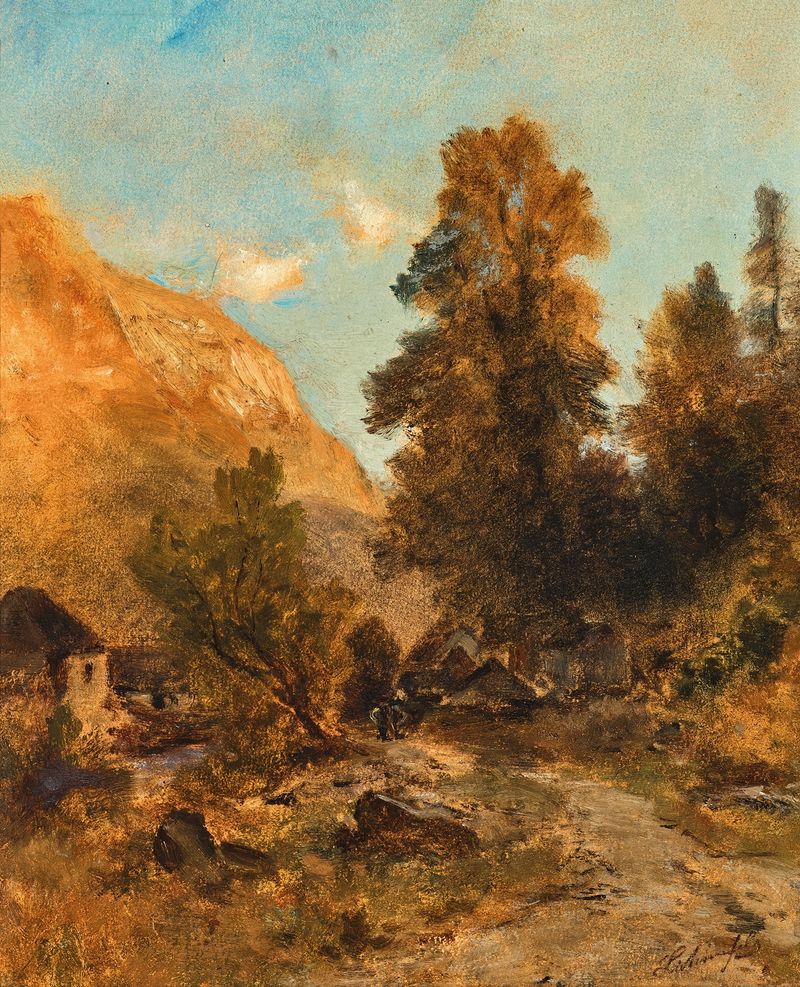 A Village by Eduard Peithner von Lichtenfels, oil on canvas depicting a serene landscape with hills and houses.
