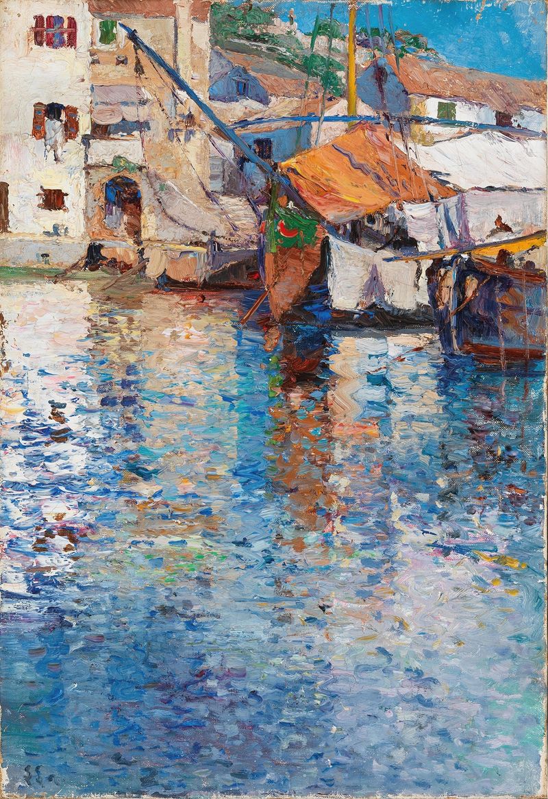 A Sunny Day in the Old Harbour by Leontine von Littrow, impressionism, depicting boats in a sunlit harbor.