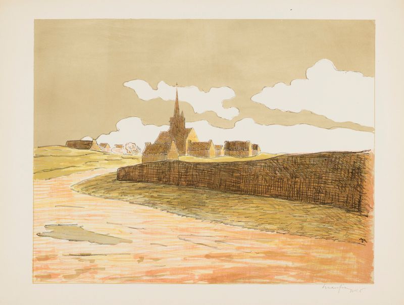 Notre Dame de la clarté de Maxime Maufra, óleo sobre tela que retrata uma igreja entre colinas.