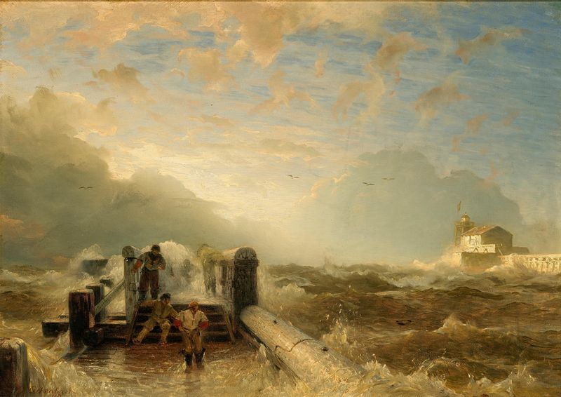 Storm at the Pier, pintura al óleo de Andreas Achenbach que muestra olas turbulentas chocando contra un muelle.