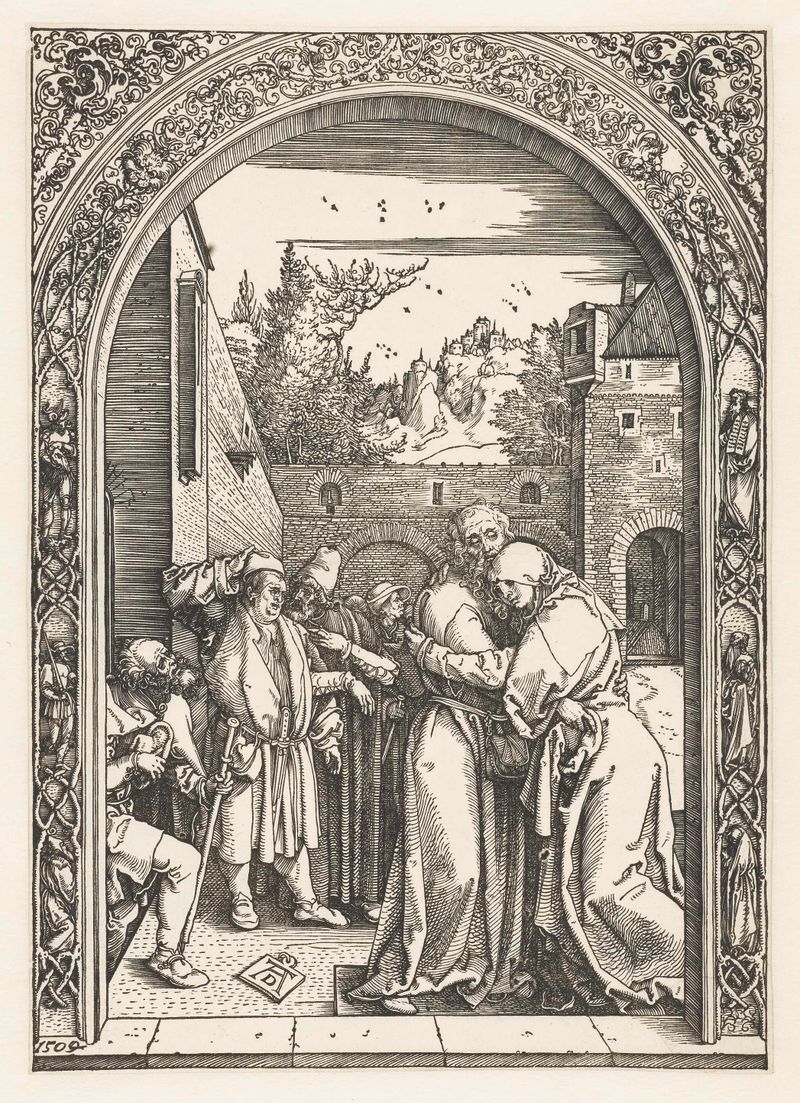 Desenho histórico em papel de Albrecht Dürer com dois homens se cumprimentando.