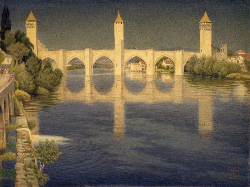 Pont Valentre em Cahors, França, aquarela sobre papel de Joseph Edward Southall