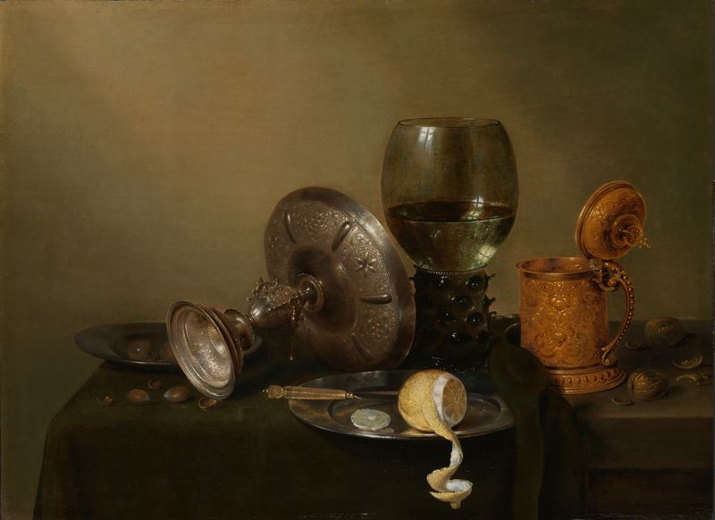 Still life oil painting by Willem Claesz Heda featuring a gilded beer tankard.