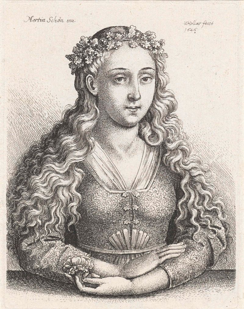 Retrato de uma mulher com uma flor e uma coroa de folhas de carvalho, gravura de Wenceslaus Hollar