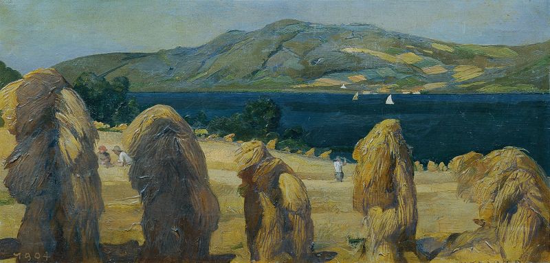 Atterseelandschaft mit Getreidemandln de Anton Josef von Kenner, óleo que muestra un sereno canal y un paisaje exuberante.